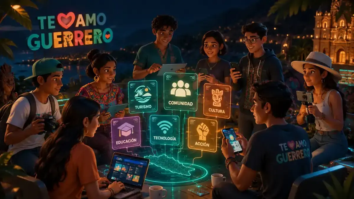 Jóvenes colaborando en turismo, comunidad, educación, tecnología y acción