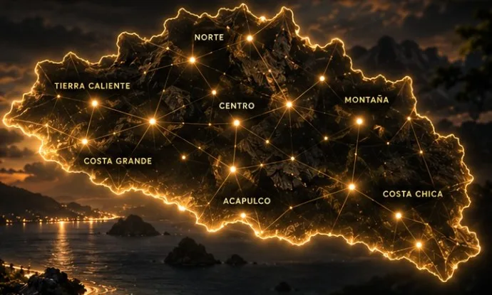 Mapa de Guerrero con sus regiones conectadas por puntos de luz